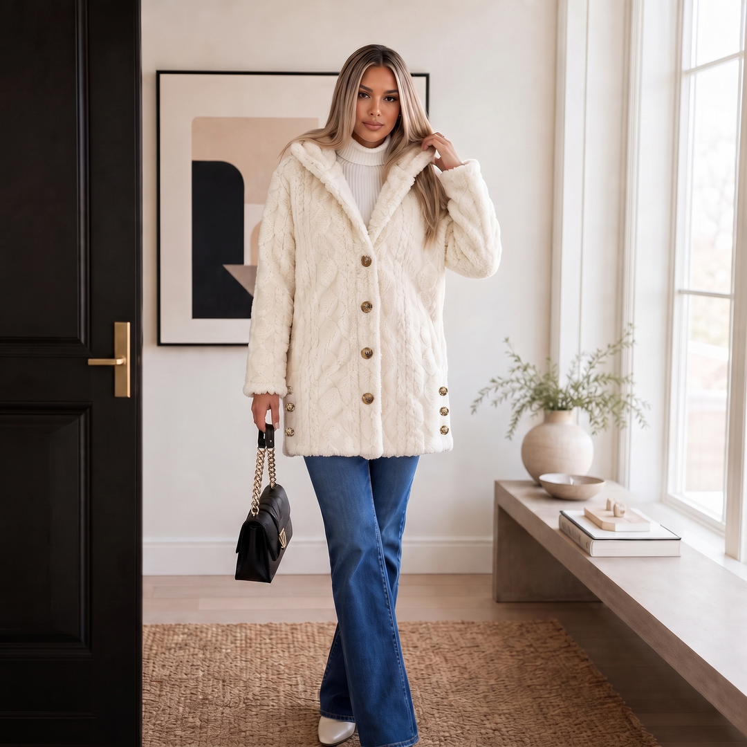 Wearbella | Hooded Plush Coat – Diamond Jacquard Design