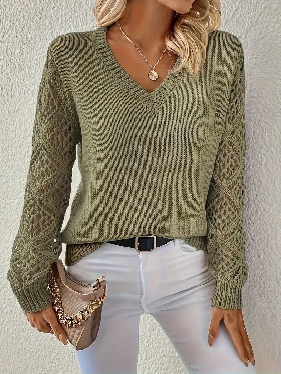 Emily | Elegant Women’s V-Neck Knit Sweater with Openwork Sleeves