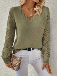Emily | Elegant Women’s V-Neck Knit Sweater with Openwork Sleeves