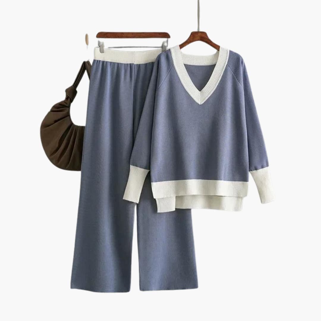 Viora | Sweater Set – V-Neck Design with Wide-Leg Trousers for Women