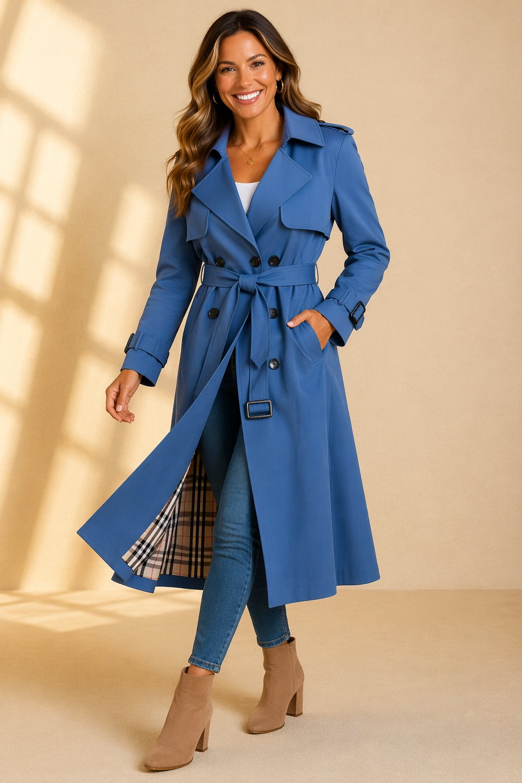 Morgan | Long Double-Breasted Trench Coat with Waist Belt