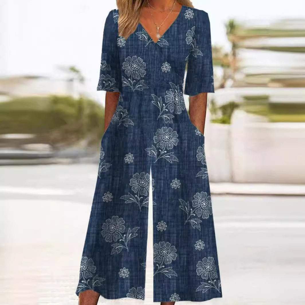 Annika | Jumpsuit für Damen – Boho Blumenmuster mit V-Ausschnitt