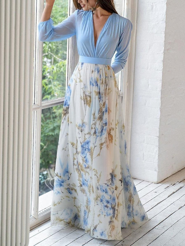 Chloe | Elegant Kleid mit langen Ärmeln und floralem Chiffon-Maxirock