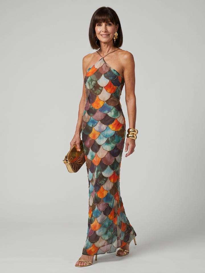 Elisa | Colorful Halter Maxi Dress With a Striking Scale Pattern