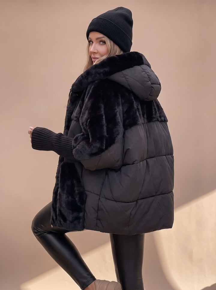 Elisabeth | Plüsch Steppmantel mit Kapuze für Damen – Winterjacke