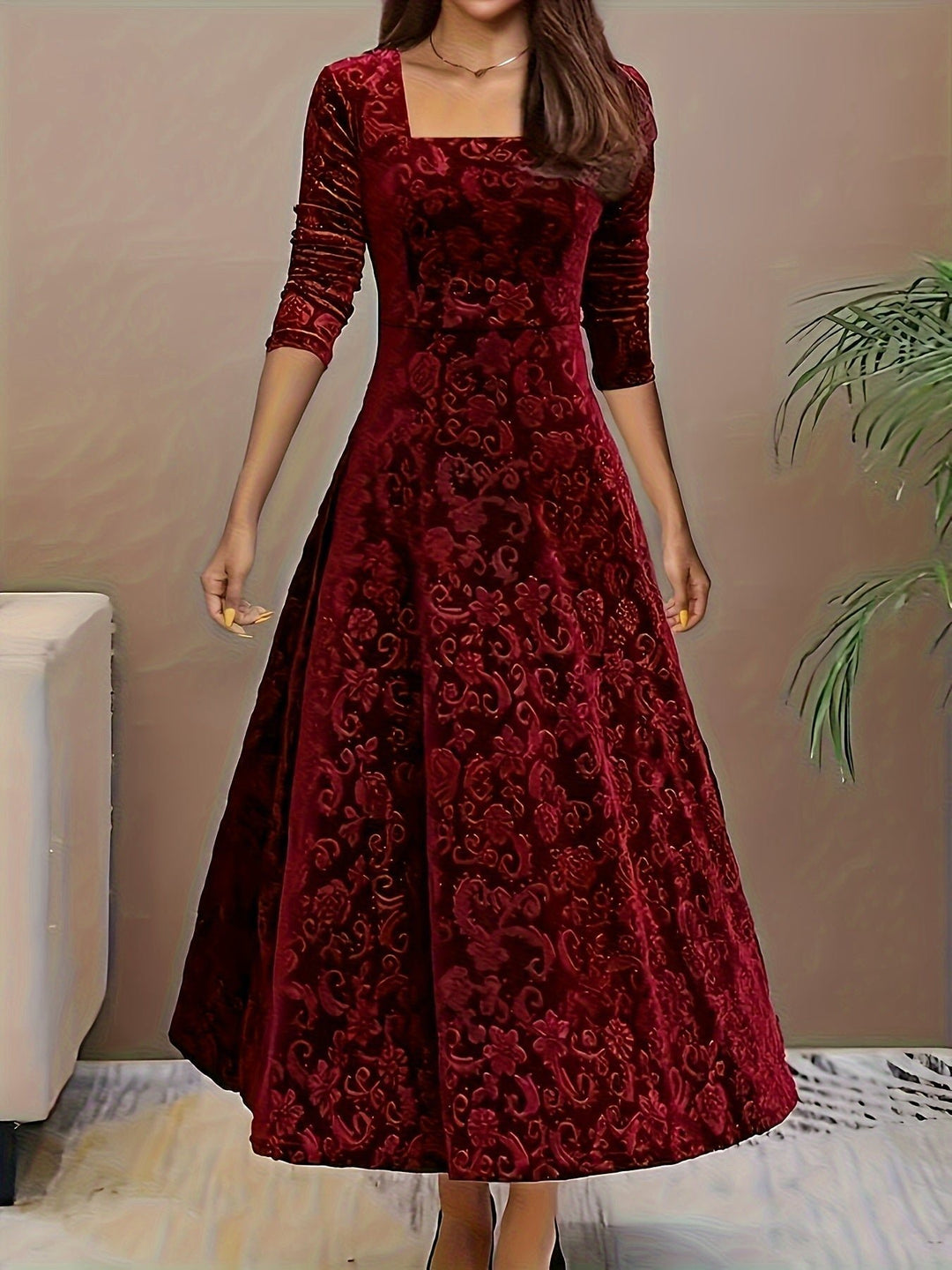 Karin | Florales Samt-Kleid – Elegante Abendgarderobe für Damen