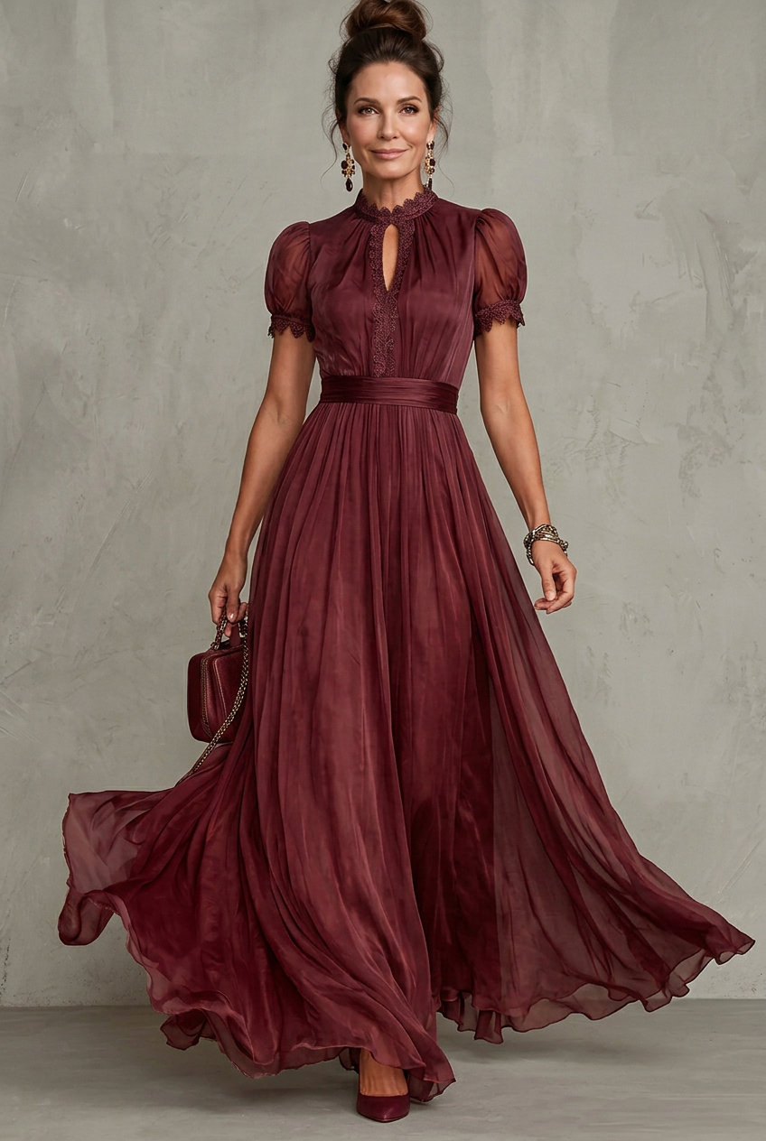 Elara | Maxikleid mit Spitzenbesatz und Falten