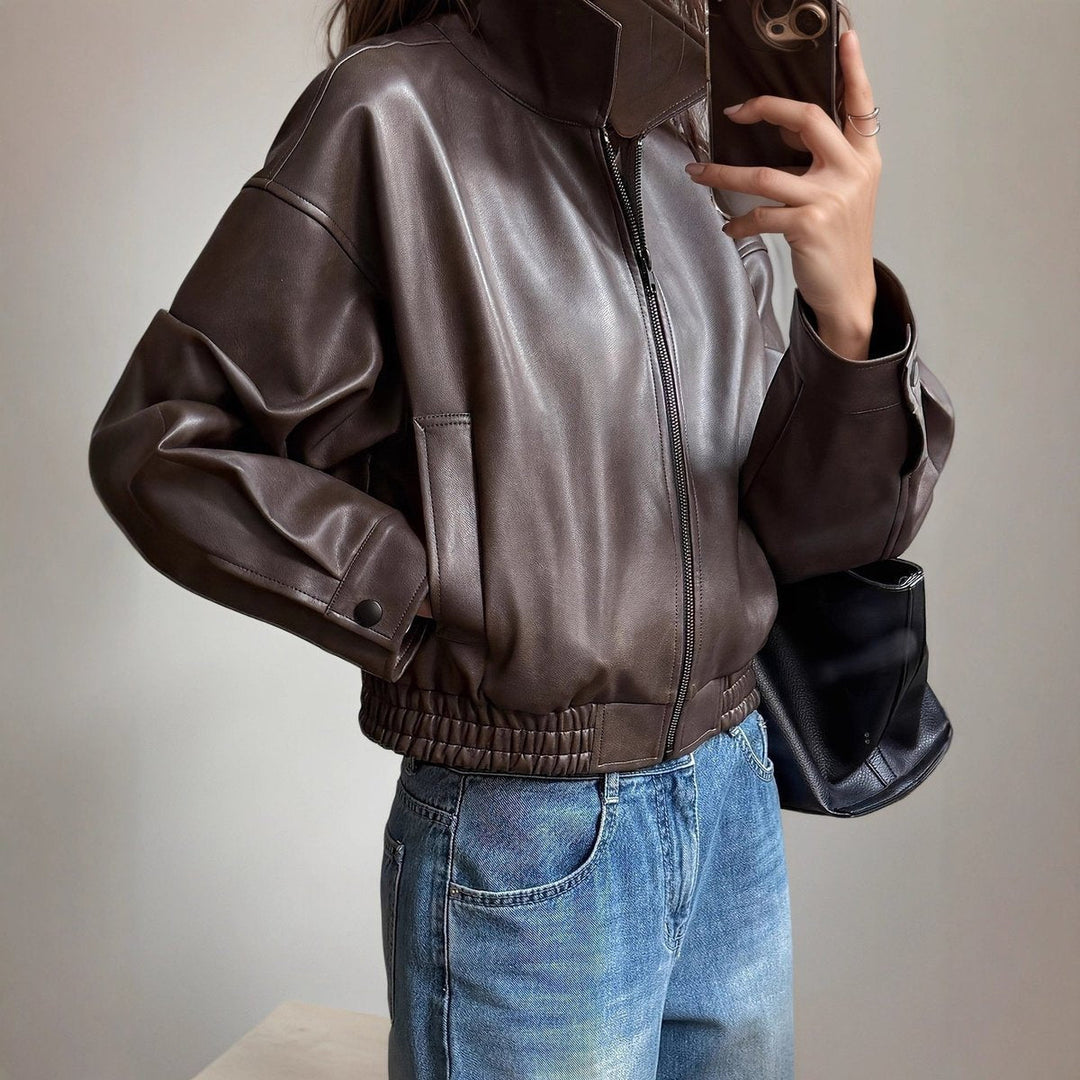 Ava | Zip-Up Faux Leather Bomber Jacket – Relaxed Fit for Women