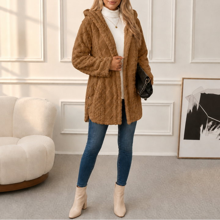 Wearbella | Hooded Plush Coat – Diamond Jacquard Design