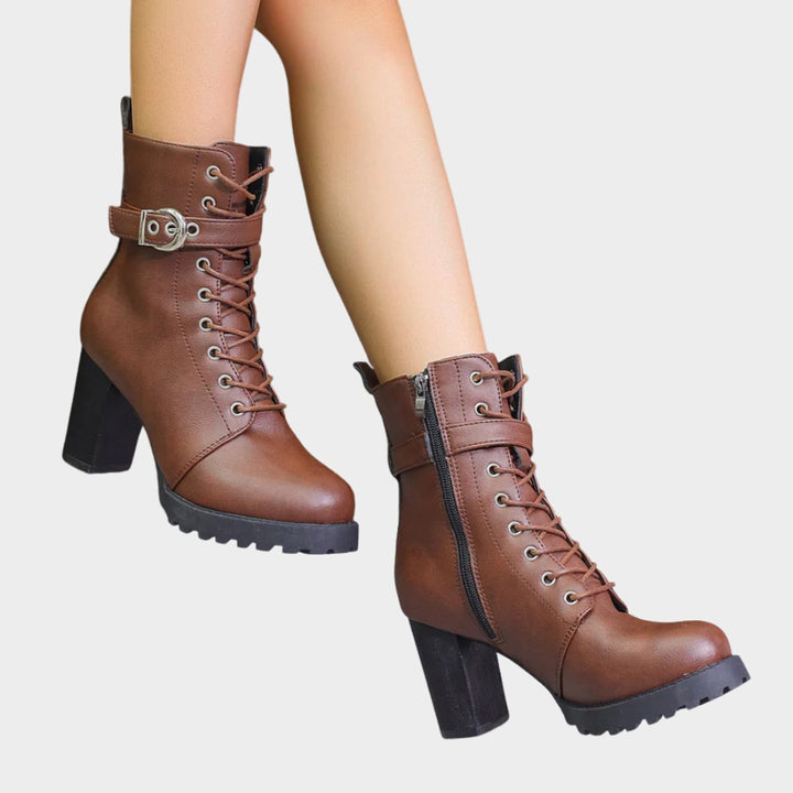 Evelyn | Striking combat ankle boots with laces and a block heel