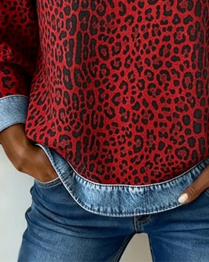 Lina | Pullover – Leopardenmuster Denim Patchwork für Frauen
