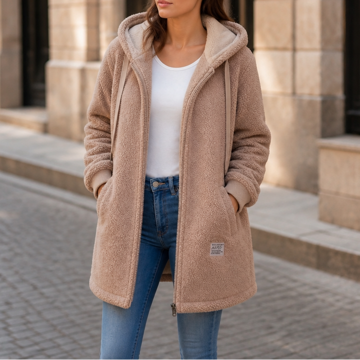 Veloura | Hooded Mid-Length Faux-Shearling Jacket für Frauen