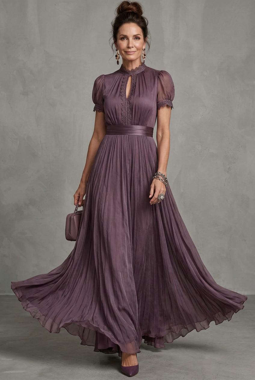 Elara | Maxikleid mit Spitzenbesatz und Falten
