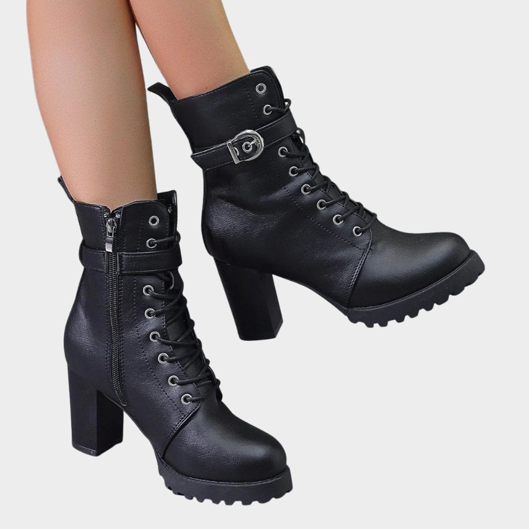 Evelyn | Striking combat ankle boots with laces and a block heel