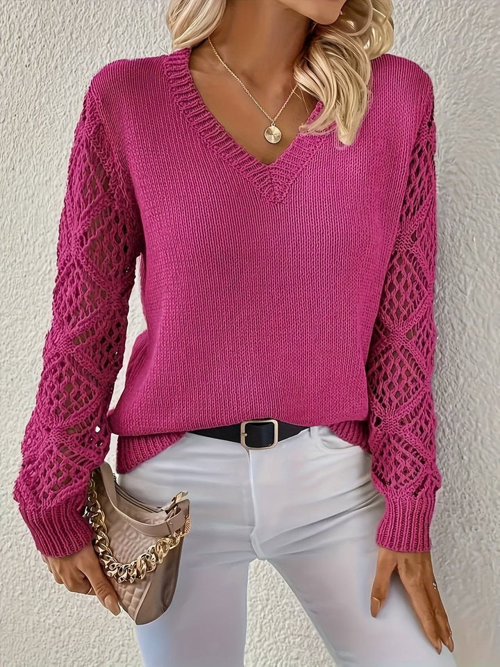 Emily | Elegant Women’s V-Neck Knit Sweater with Openwork Sleeves
