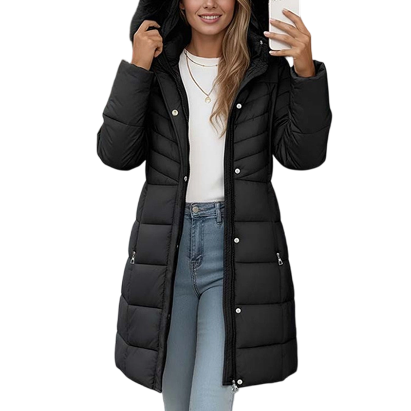 Chevronwarm | Longline Puffer Coat mit Pelzkapuze