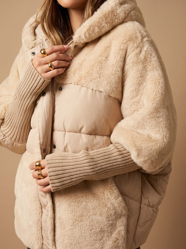 Elisabeth | Plüsch Steppmantel mit Kapuze für Damen – Winterjacke