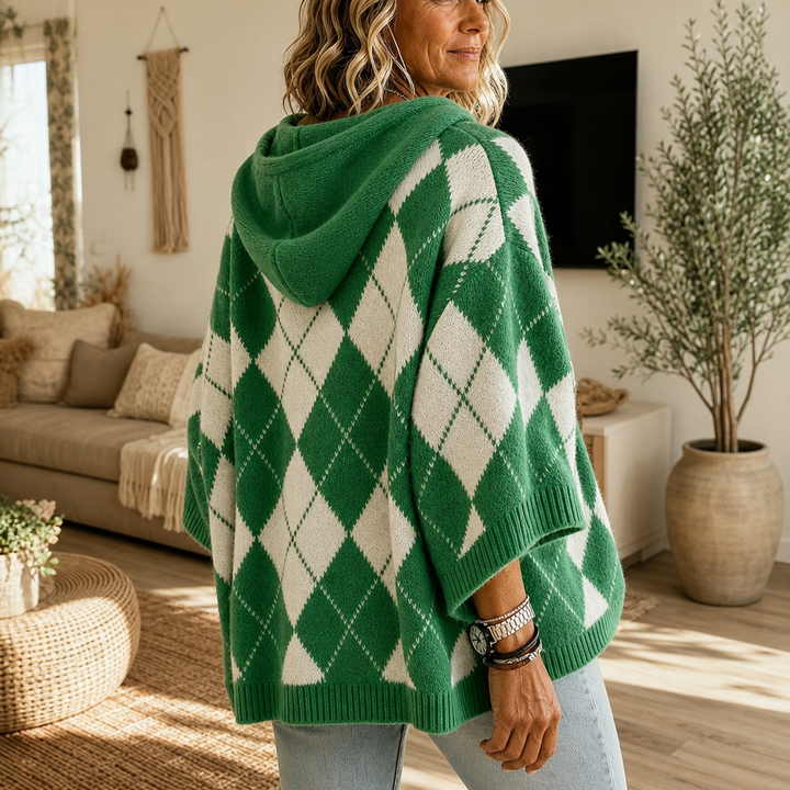 Wrapbella | Hooded Argyle Poncho Sweater – Bequemer Stil für jeden Tag
