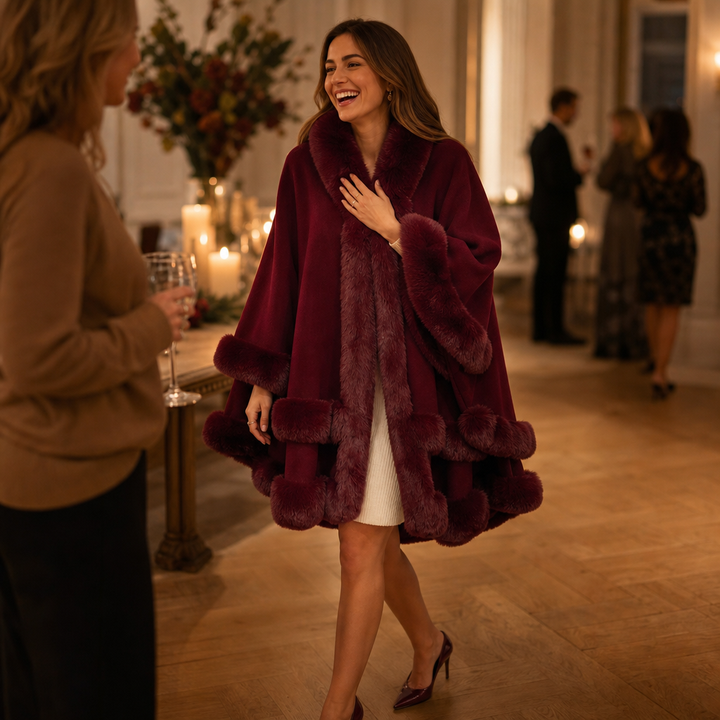 Wearbella | Hooded Knit Cape Coat mit Faux-Fur-Besatz