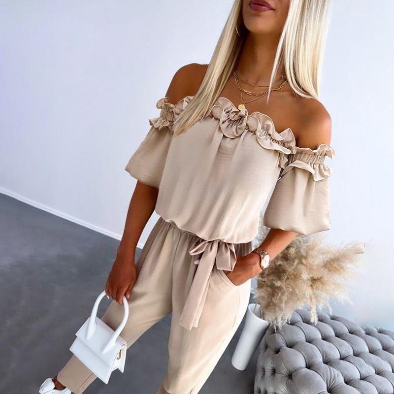 Amelie | Schulterfreier Rüschen-Jumpsuit – Feminine Silhouette für Damen