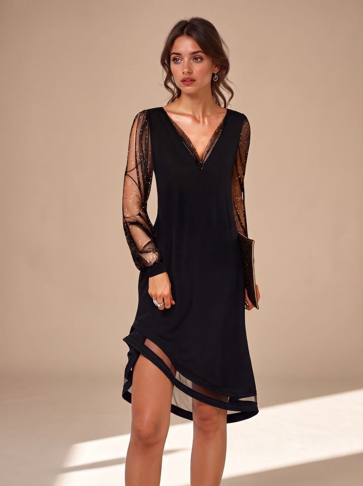 Camila | Mini Kleid – Glamouröses Schwarz mit Transparenten Ärmeln für Frauen