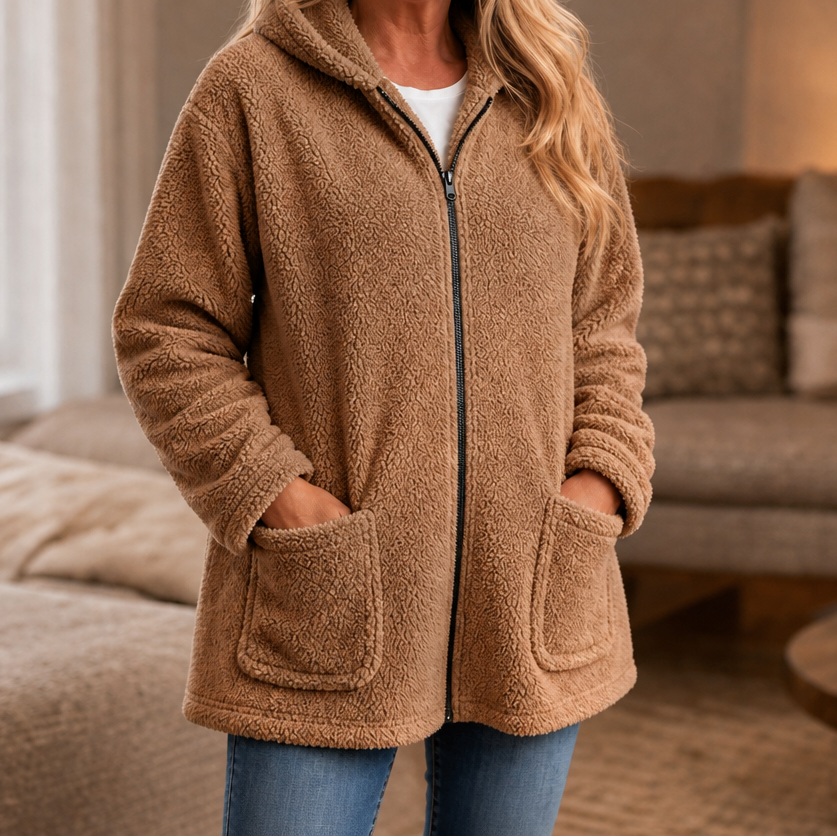 Cozelle | Plush Hooded Oversized Zip-Up Jacket – Warm und Bequem für Frauen