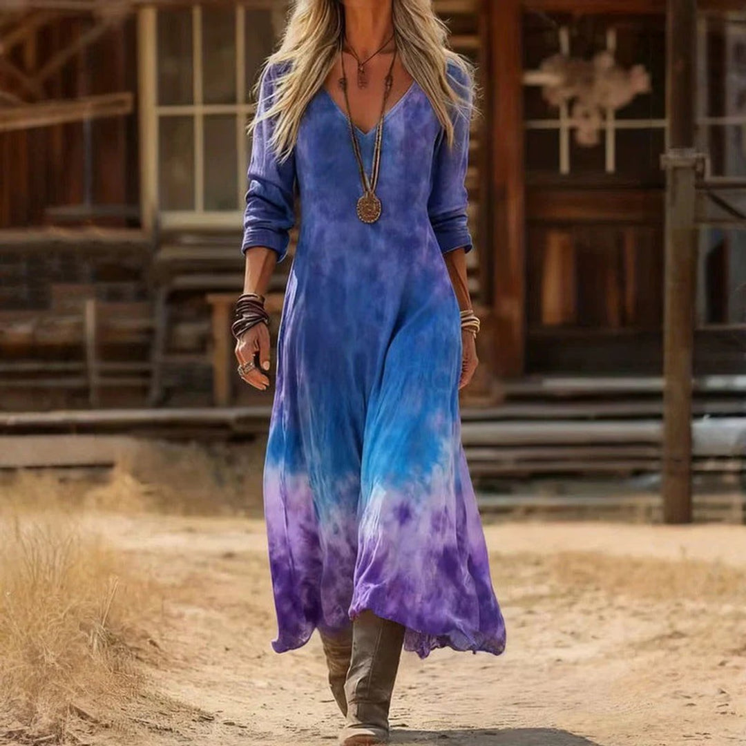 Emily | Boho Vintage Maxikleid mit V-Ausschnitt und langen Ärmeln
