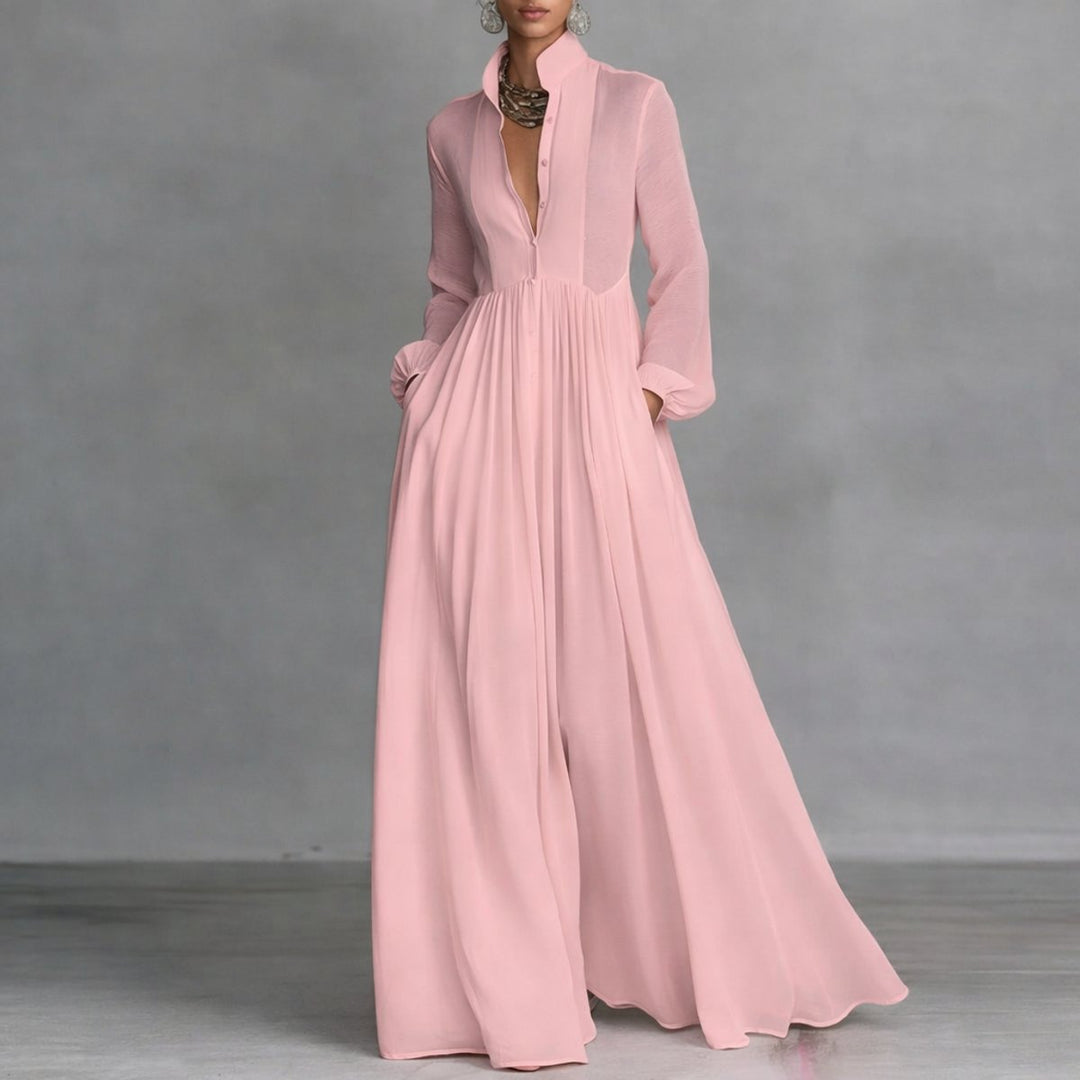 Marie | Elegant maxi shirt dress with stand collar and long sleeves