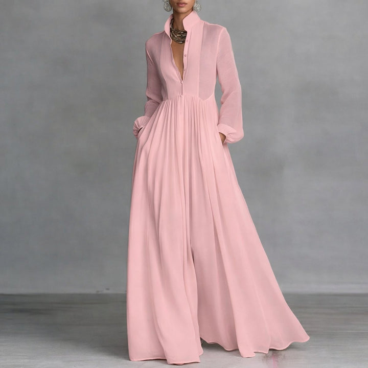 Marie | Elegant maxi shirt dress with stand collar and long sleeves
