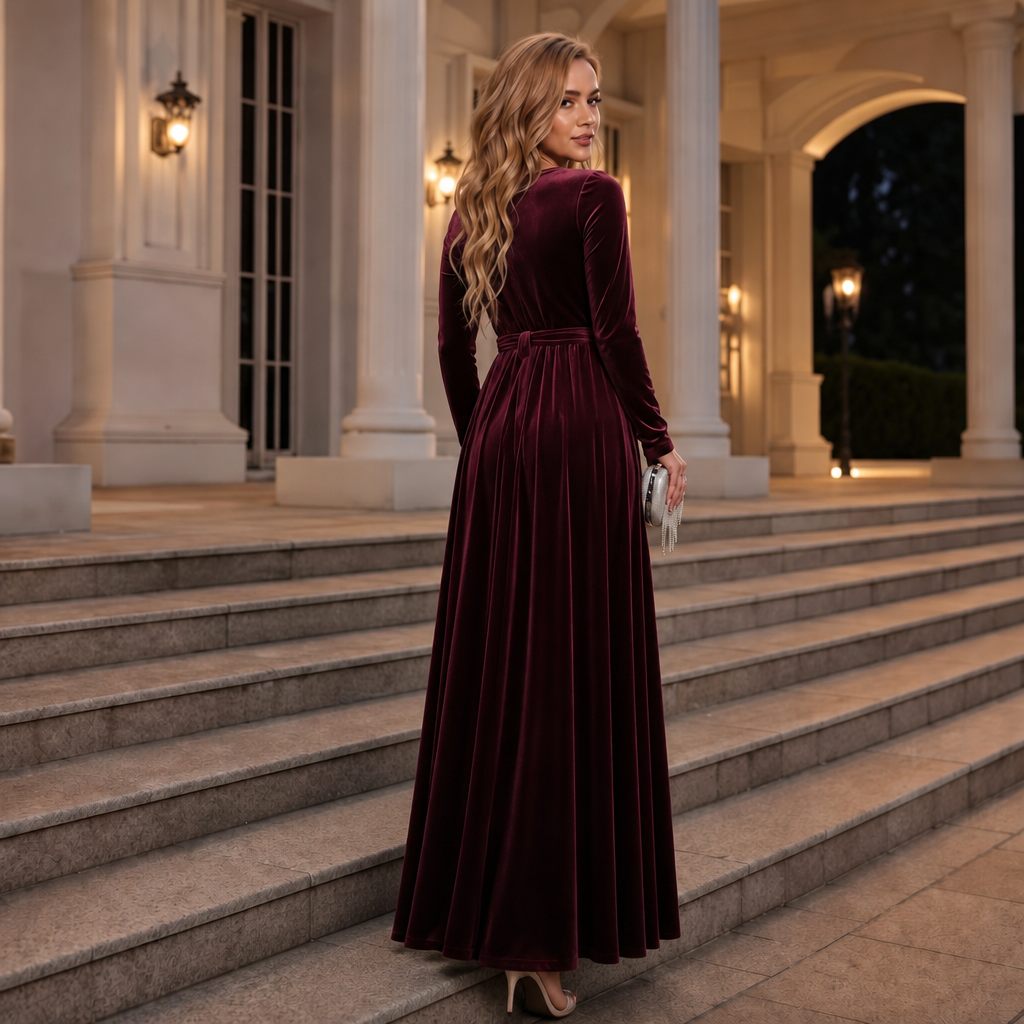 Velvora | A-Line Maxi Dress aus Samt – Elegantes Design mit Taillengurt für besondere Anlässe