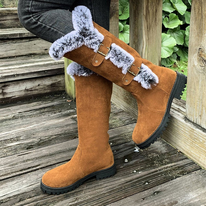Georgina | Cozy knee-high faux suede boots with fur trim and buckles