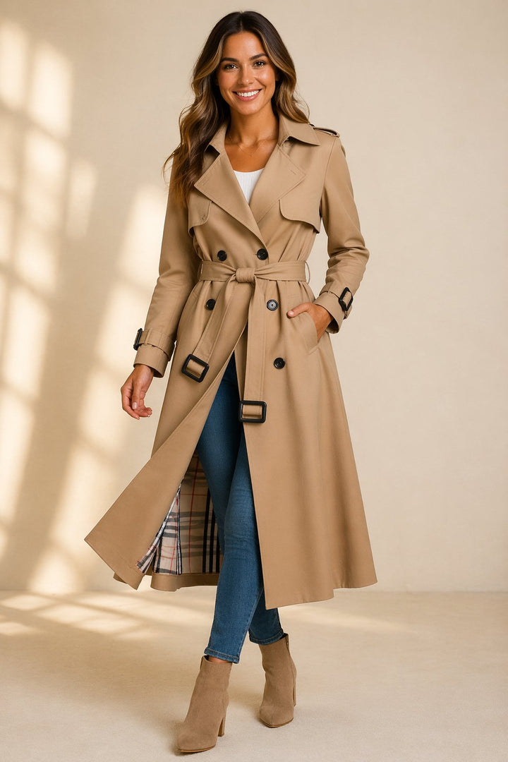 Morgan | Long Double-Breasted Trench Coat with Waist Belt