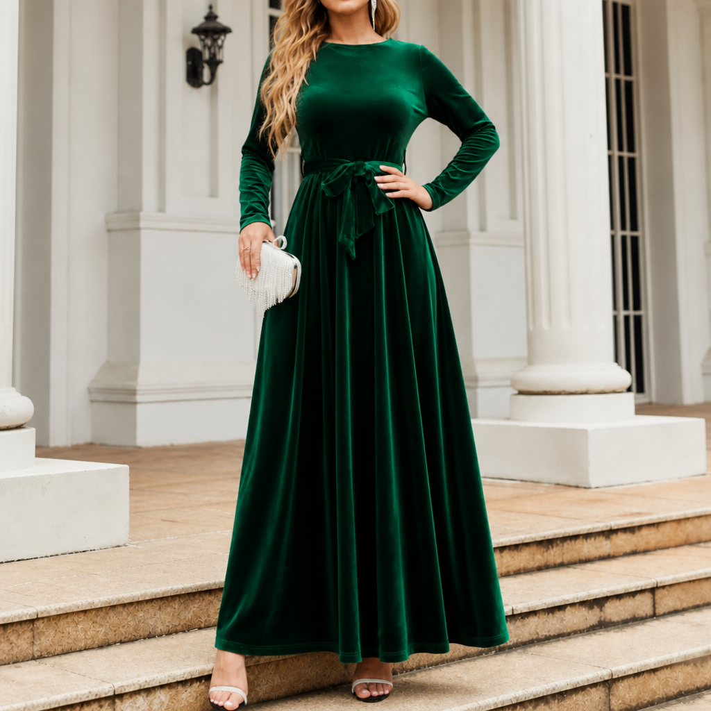 Velvora | A-Line Maxi Dress aus Samt – Elegantes Design mit Taillengurt für besondere Anlässe