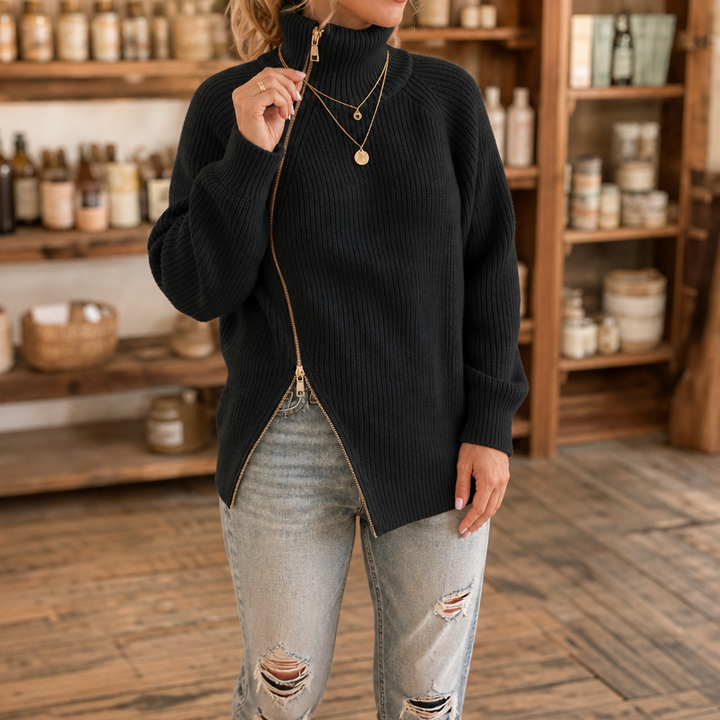 Wearbella | Asymmetrischer Reißverschluss Rippenstrickpullover