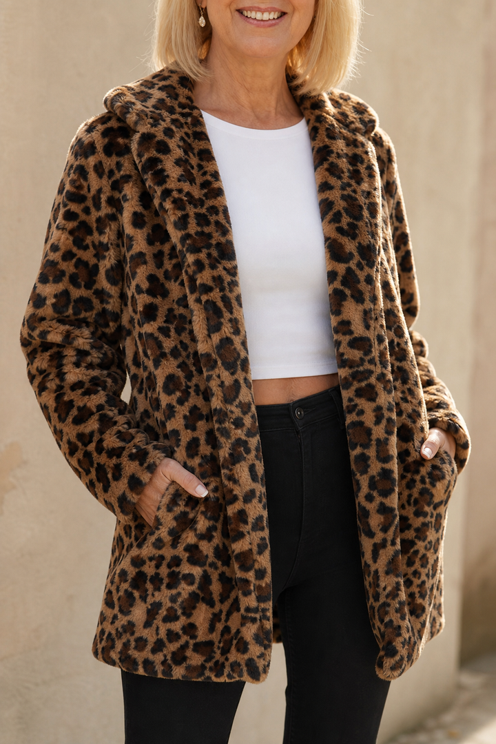 Leora | Leopard Print Faux Fur Coat – Elegantes Open-Front-Design für Frauen