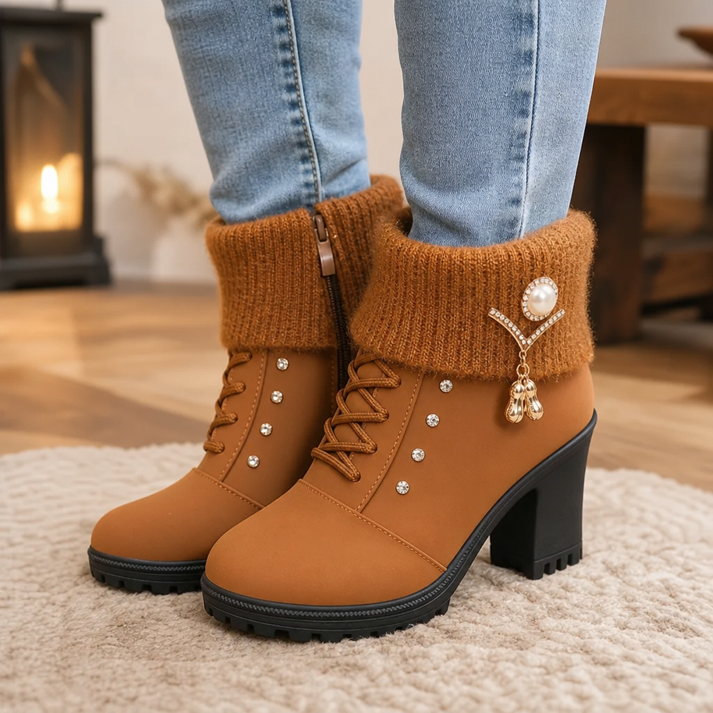 Wearbella | Gefütterte Blockabsatz Stiefel mit Strass
