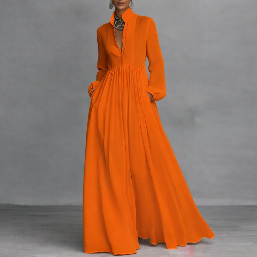 Marie | Elegant maxi shirt dress with stand collar and long sleeves