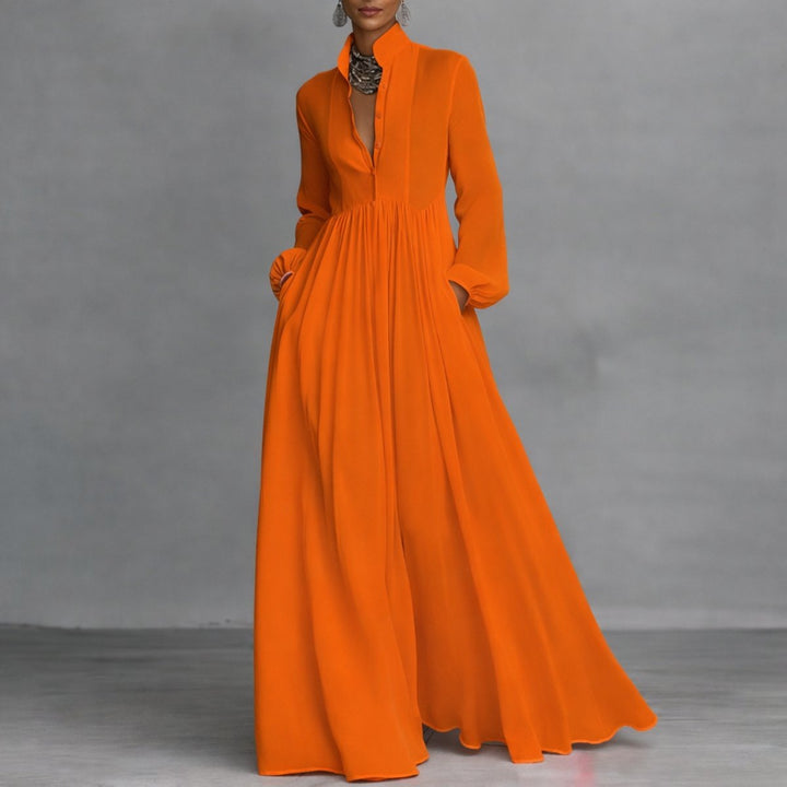 Marie | Elegant maxi shirt dress with stand collar and long sleeves