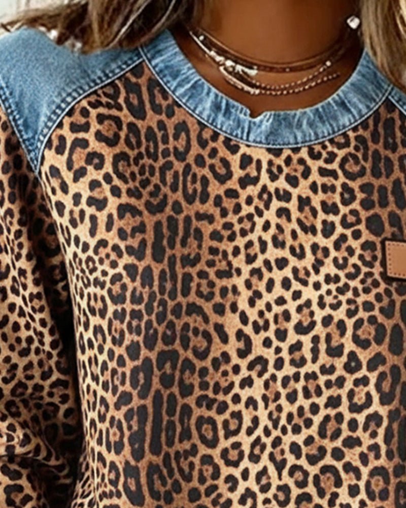 Lina | Pullover – Leopardenmuster Denim Patchwork für Frauen