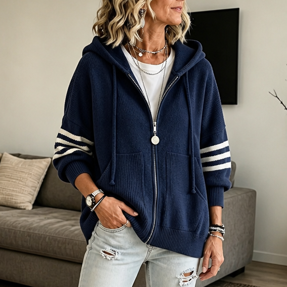 Wearbella | Zip Hoodie – Striped-Sleeve Drop-Shoulder Style