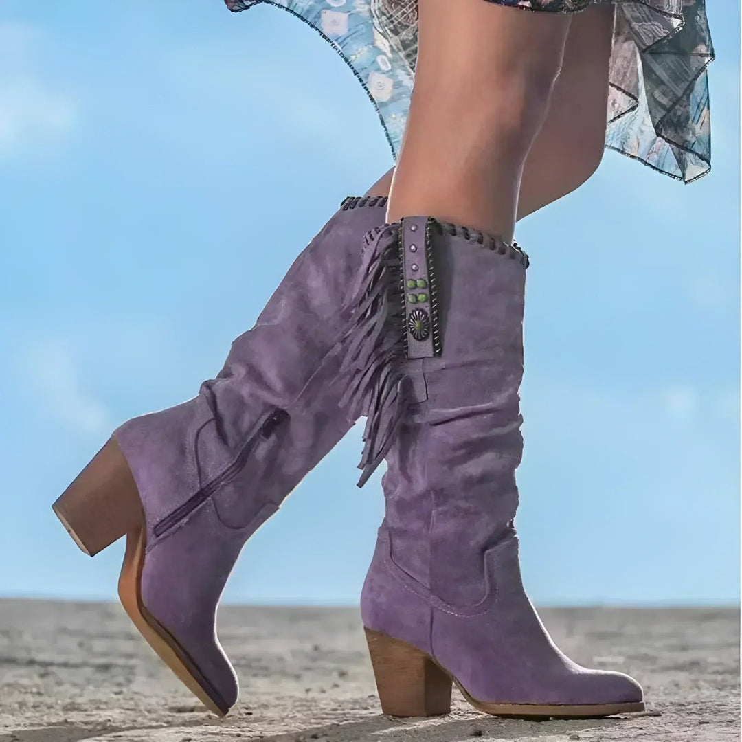 Marina | Boho knee-high suede boots with fringes and turquoise details