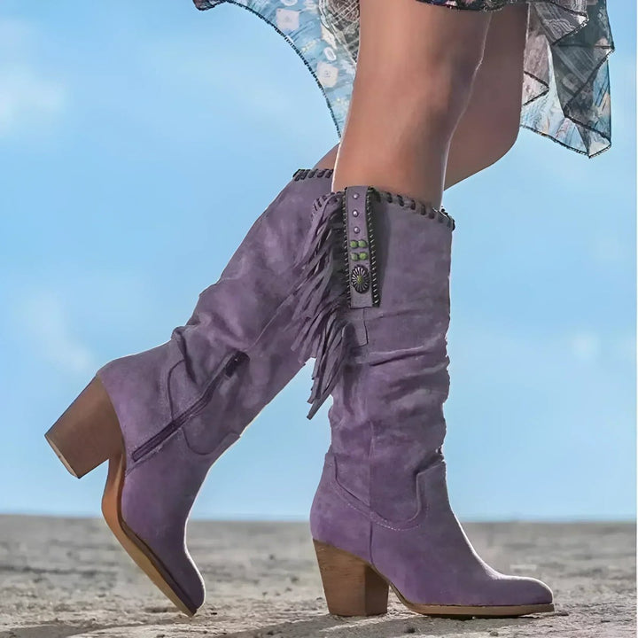 Marina | Boho knee-high suede boots with fringes and turquoise details