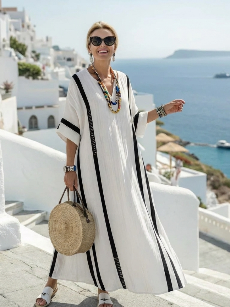 Elvienne | Maxi Kleid – Kurzarm mit Farbblock-Streifen