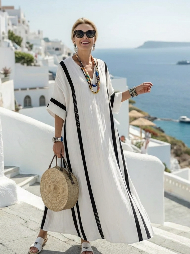 Elvienne | Maxi Kleid – Kurzarm mit Farbblock-Streifen