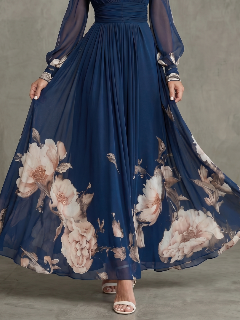 Ziva | Maxi Dress – Elegante Plissierte Sheer Ärmel