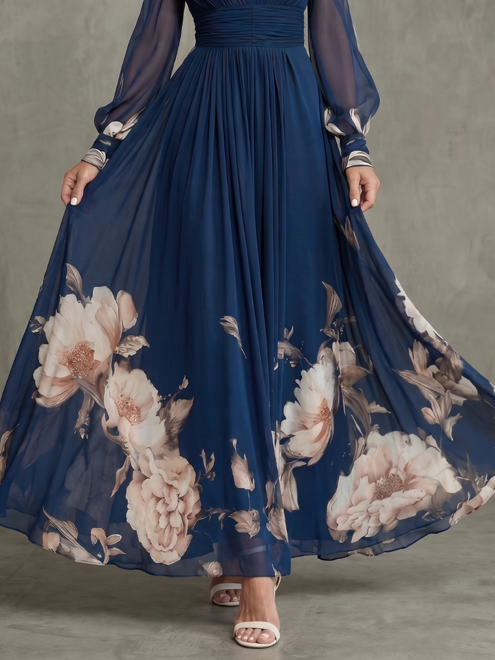 Ziva | Maxi Dress – Elegante Plissierte Sheer Ärmel
