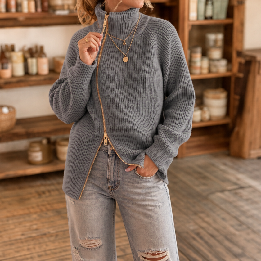 Wearbella | Asymmetrischer Reißverschluss Rippenstrickpullover
