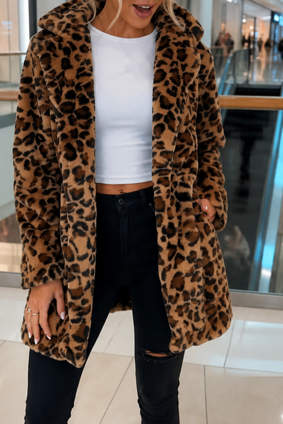 Leora | Leopard Print Faux Fur Coat – Elegantes Open-Front-Design für Frauen