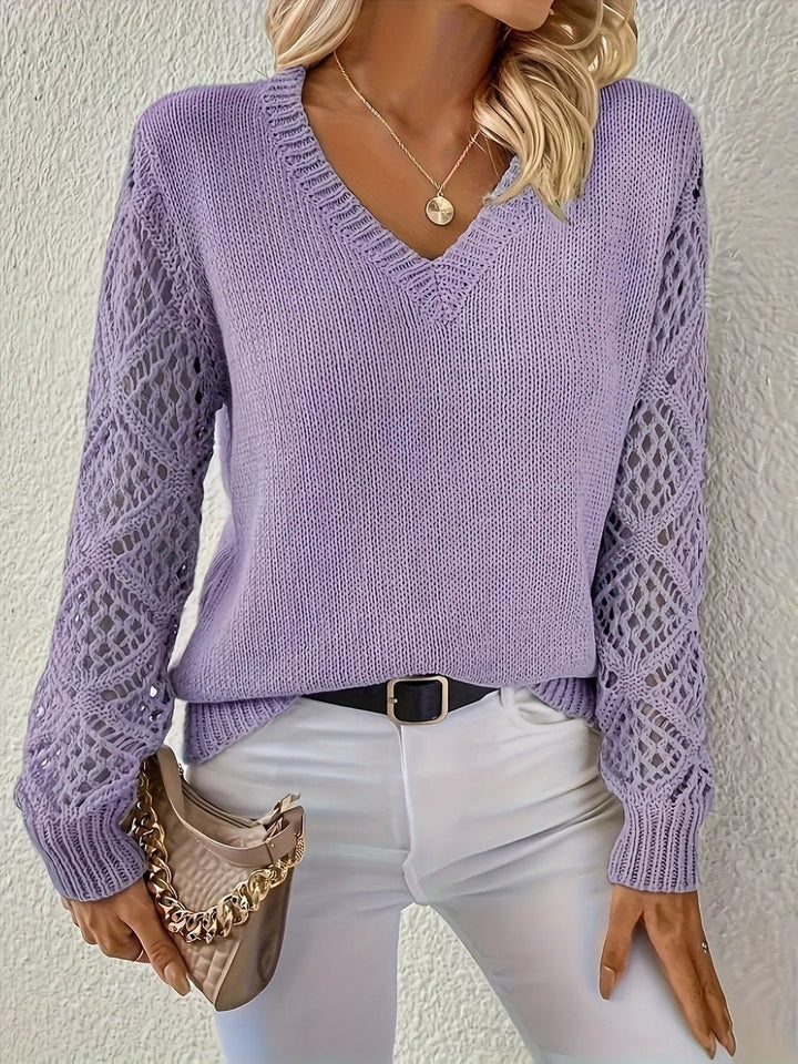 Emily | Elegant Women’s V-Neck Knit Sweater with Openwork Sleeves