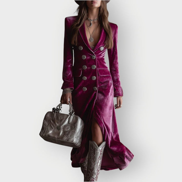 Leonie | Samt Maxi Abendkleid – Eleganter Zweireiher Stil für Damen